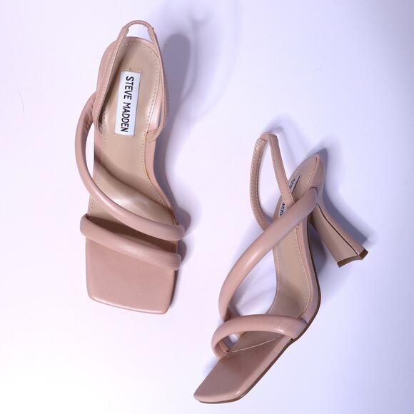 STEVE MADDEN Elizabeth Sandal Flared Heel Square Toe Nude Beige Women's 7.5M - Picture 1 of 10
